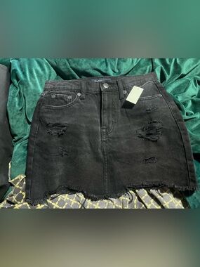 NWT Bow Back Black Distressed Denim Mini Skirt